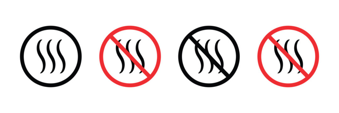 Heat icons featuring hot surface symbols with heat wave lines inside circular marks and crossed warning signs. Flat and thin vector illustration.