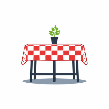 Picnic Table with Gingham Tablecloth and Potted Plant