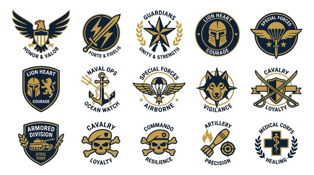 Military emblems design set, badges collection in vintage style