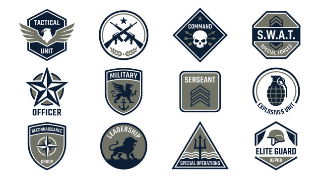 Military Emblems Set - Tactial Unit, SWAT, Officer, Sergeant, Elite Guard Icons