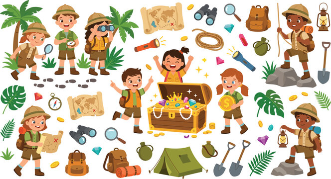 Cute Jungle Safari Explorer Kids and Treasure Hunt Clipart Set with Camping Tent Treasure Chest Maps and Hiking Equipment Vector Illustrations
