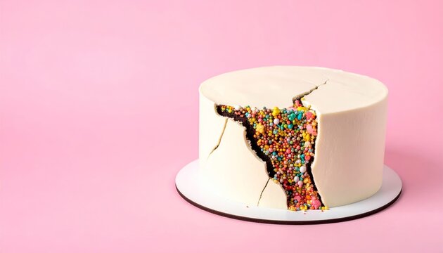 A fault line cake with a creative fissure revealing a vibrant explosion of colorful sprinkles