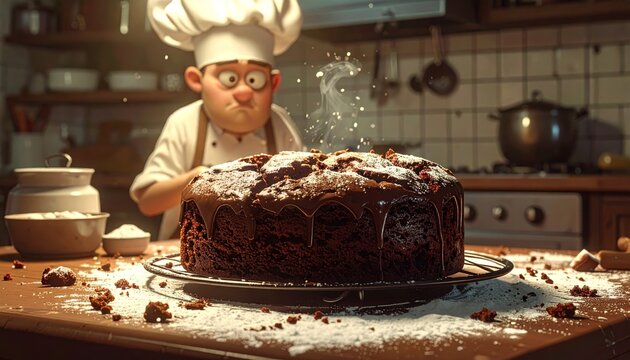 A failed chocolate cake baking attempt with a surprised chef in a kitchen setting