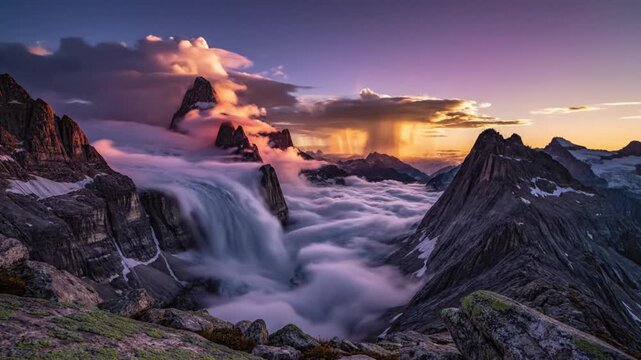 Waterfall cascades down rugged mountain slope at sunset with misty clouds