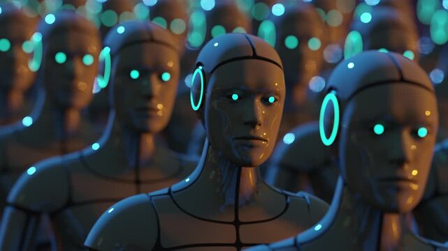 3d animation loop of an army of identical futuristic androids. Abstract visualization of artificial intelligence, cloning and technology evolution. Cinematic sci-fi atmosphere for tech projects.