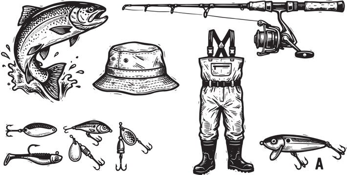 Vintage Engraving Style Fishing Gear, Waders, and Leaping Trout Vector Set