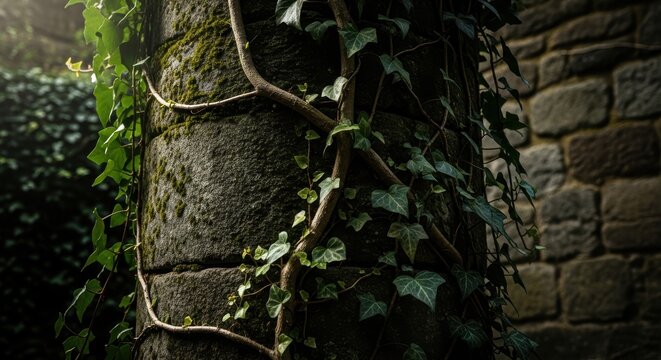 Deep green ivy tendrils climbing ancient stone wall