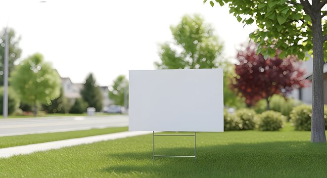 Blank yard sign mockup on lush green lawn with residential street scene in background