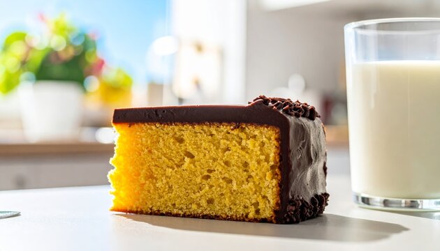 A delicious slice of plain yellow cake with rich chocolate frosting and sprinkles, perfect for dessert time.