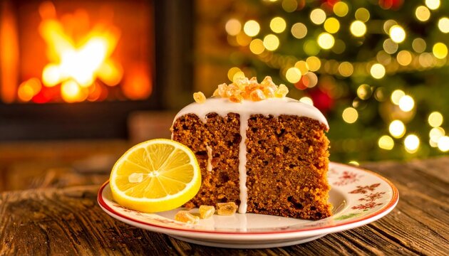 A delectable slice of gingerbread cake with bright lemon glaze and candied ginger garnish, served in a cozy festive setting.