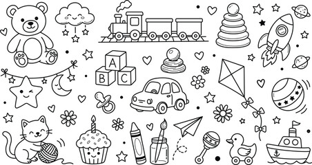 Cute kids toys and baby nursery elements doodle set, hand drawn line art illustration isolated on white background.