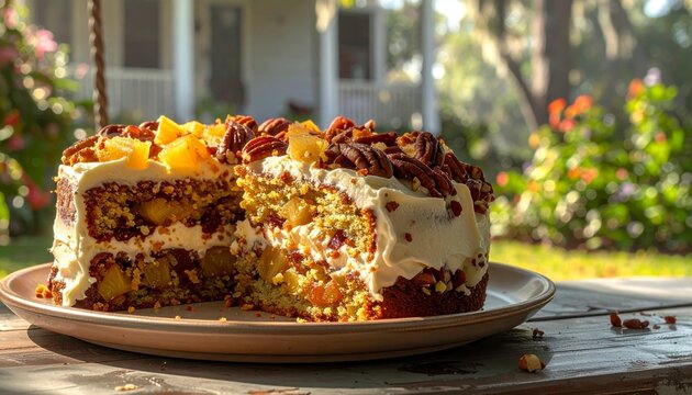 A delectable slice of hummingbird cake with pineapple, banana, and pecans, beautifully frosted and set outdoors.