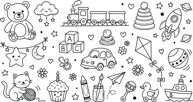 Cute kids toys and baby nursery elements doodle set, hand drawn line art illustration isolated on white background.