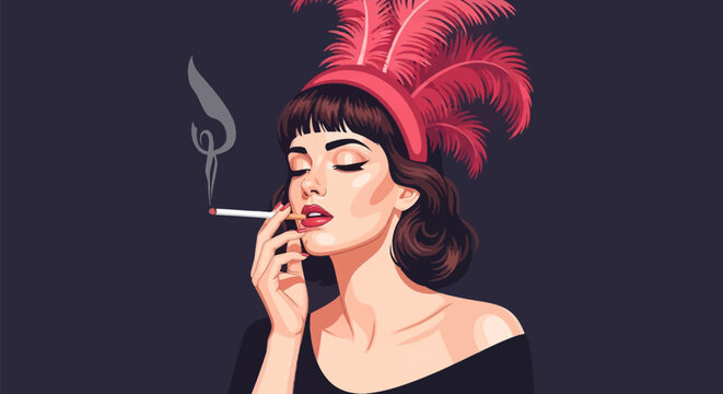 Vector illustration of a young woman in 1920s flapper attire wearing a pink ostrich feather headpiece and smoking a cigarette with eyes closed against a dark purple background.