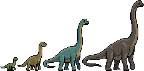 Pixel art sauropod dinosaur evolution illustration showing growth stages of long neck prehistoric species in retro game concept artwork © Sammi