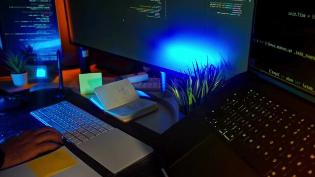 Software developer working with code on multiple monitors at night