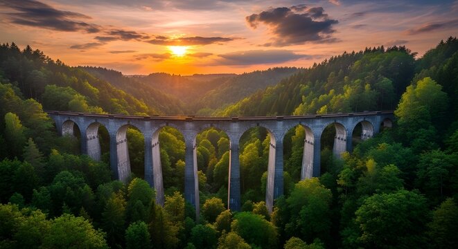 Dramatic aerial view of the rakotzbr cke bridge in saxony germany at sunset surrounded by lush forest