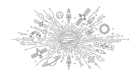 Abstract representation of space exploration and the solar system. © Four