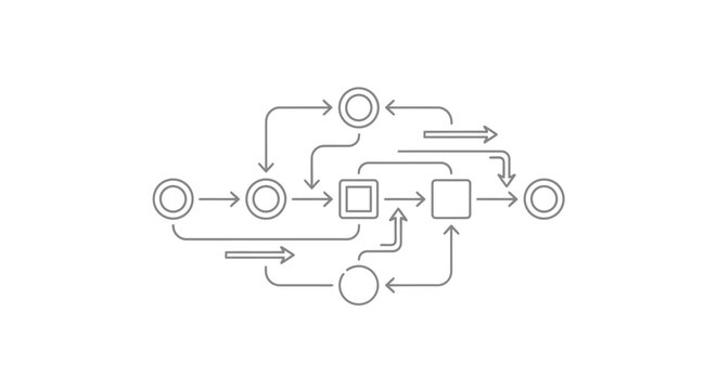 Abstract workflow diagram with circular and square nodes and arrows
