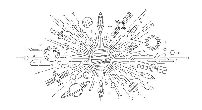 Abstract representation of space exploration and the solar system.