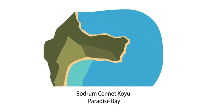 Minimalist flat vector illustration representing the geography of Paradise Bay also known as Cennet Koyu in Bodrum Turkey featuring stylized coastal outlines forest areas and sea.