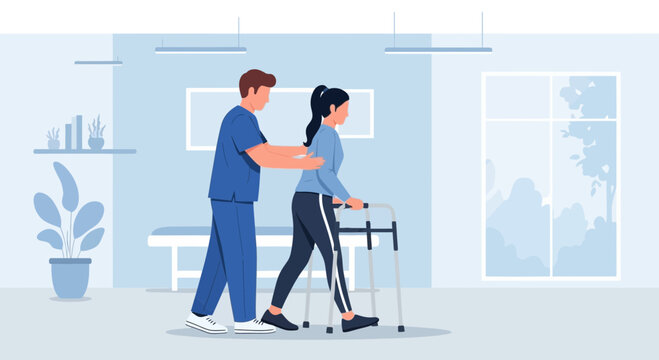 Physical Therapist assisting patient with walker, rehabilitation therapy
