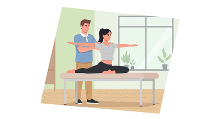 Fototapeta premium Physiotherapist assisting woman in split position on therapy table