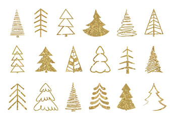 Obraz premium Gold Christmas Tree Icons Set, Minimalist Festive Holiday Elements