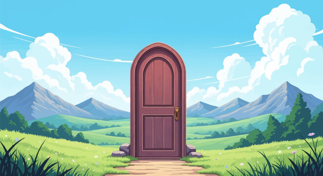 Arched wooden door standing on a dirt path in a lush green meadow with mountains under a bright blue sky with large fluffy clouds in a vibrant 2D anime art style illustration.
