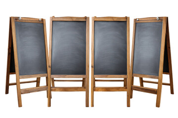 Four wooden framed chalkboards standing on black background blackboard easel, Isolated, Png Transparent Background © PNG Boss