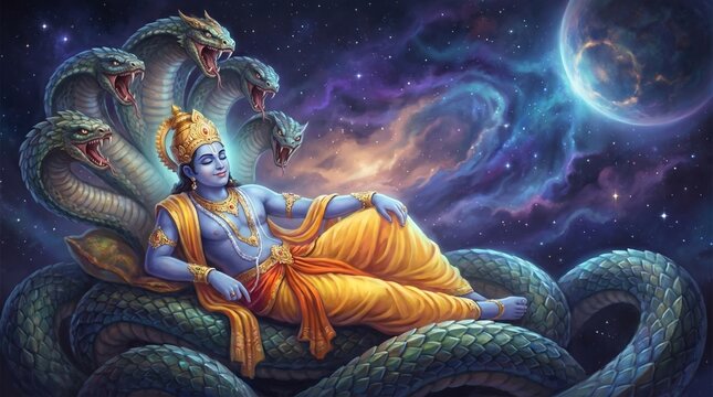 Lord Vishnu sleeping on Shesha Naga with cosmic background