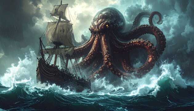 Giant Octopus Attacking a Sailing Ship at Sea.
