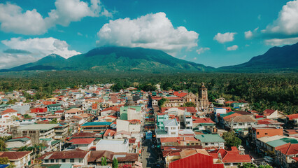 Aerial drone view of Liliw town and the historic church at the foot of Mount Banahaw, Laguna, Philippines © Gids Stories