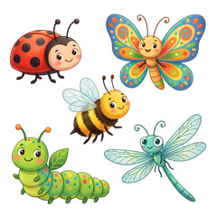 Fototapeta premium Collection of five cute cartoon insects: ladybug butterfly bee caterpillar