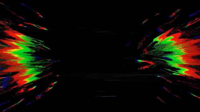 Glitch digital effect with colourful horizontal light streaks forming abstract circular shape black background, vibrant symmetric burst, dynamic motion, abstract energy, dark space, searchable SEO