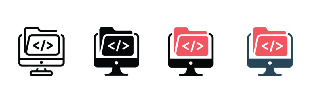 Set of four minimalist computer monitor icons featuring code folder symbols for web development and software programming projects in modern flat design
