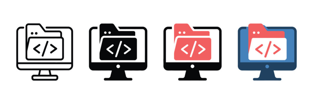 Set of four computer monitor icons featuring coding folder symbols with minimalist design styles for web development and software programming projects