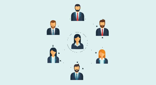 Flat vector illustration of business networking with a central female leader icon connected to six diverse professional colleagues by dashed arrow lines on a light background.