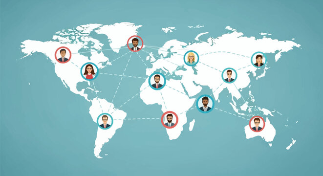 Vector illustration of a white world map on a blue background with diverse professional people avatars in circular frames connected by dashed lines for global networking.
