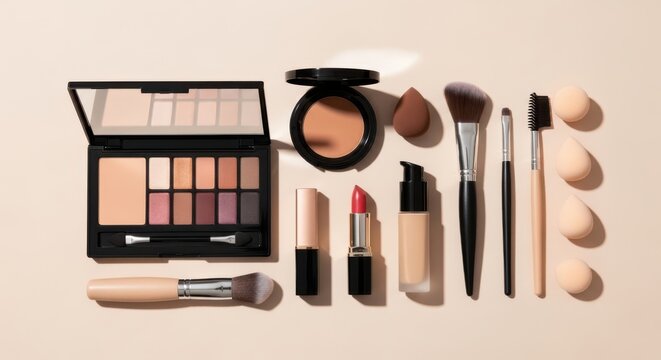 Flat lay composition of professional makeup products and brushes on a beige background