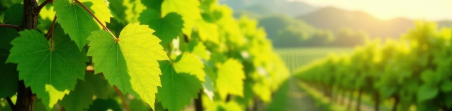 Gentle breeze rustling vibrant spring vineyard leaves, green vines, rural