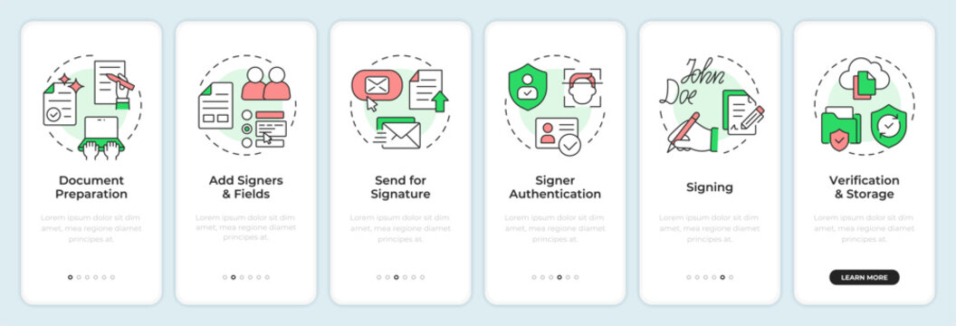 Automated signature processes onboarding mobile app screen. Secure electronic document management. Walkthrough 6 steps editable graphic instructions with linear concepts. UI, UX, GUI