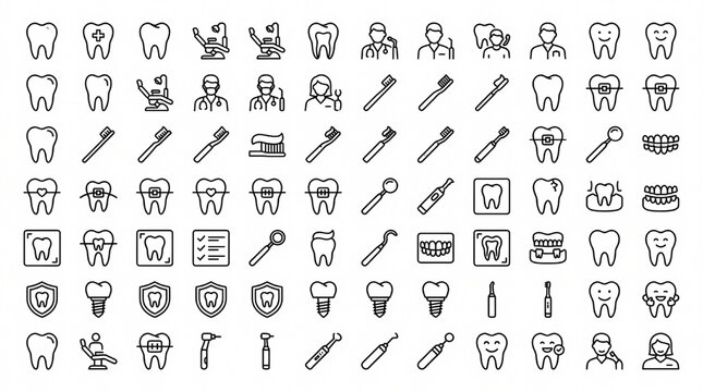 Professional Dental Healthcare Outline Icon Set Featuring Oral Clinic and Tooth Care Symbols