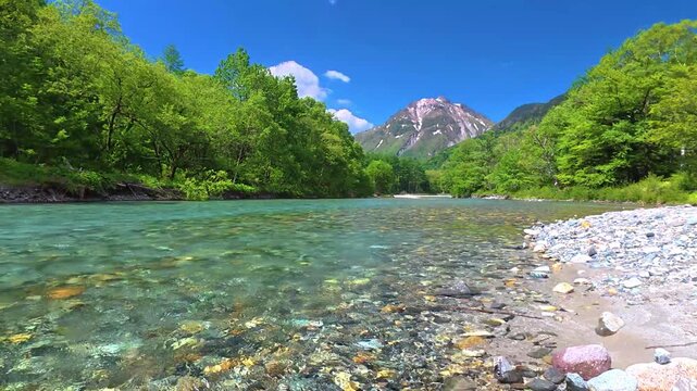 初夏の上高地・梓川の清流と焼岳