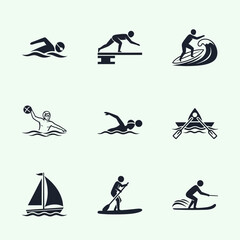 Obraz premium Water Sports Icon Set: Swimming, Surfing, Kayaking, Water Polo, Sailing