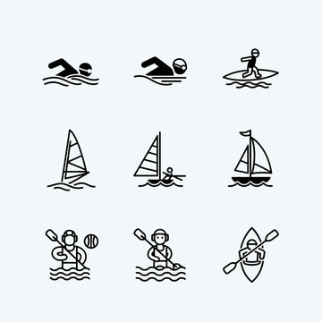 Water Sports Icon Set: Swimming, Sailing, Surfing & Boating
