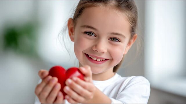 Cute little girl holding a red heart symbol, looking at the camera and smiling happily
