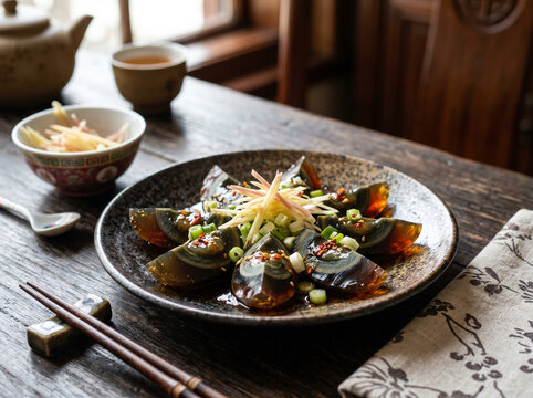 Traditional Chinese Century Eggs Sliced with Ginger and Sauce on Ceramic Plate