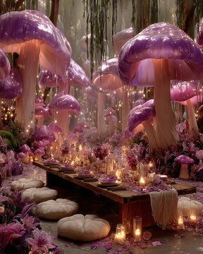 A whimsical dinner party unfolds under giant purple mushrooms in a mystical forest, surrounded by candles, flowers, and cushions.