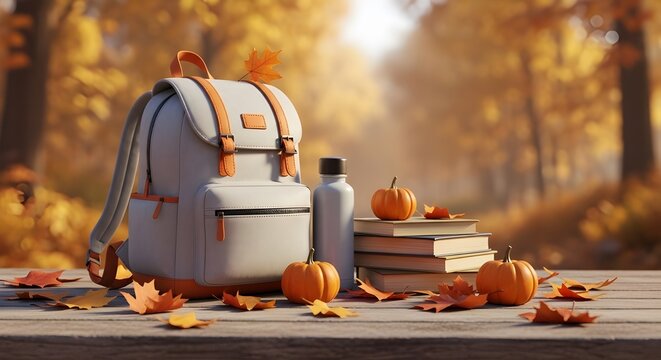 Autumn back to school still life backpack pumpkins books and water bottle in golden forest light
